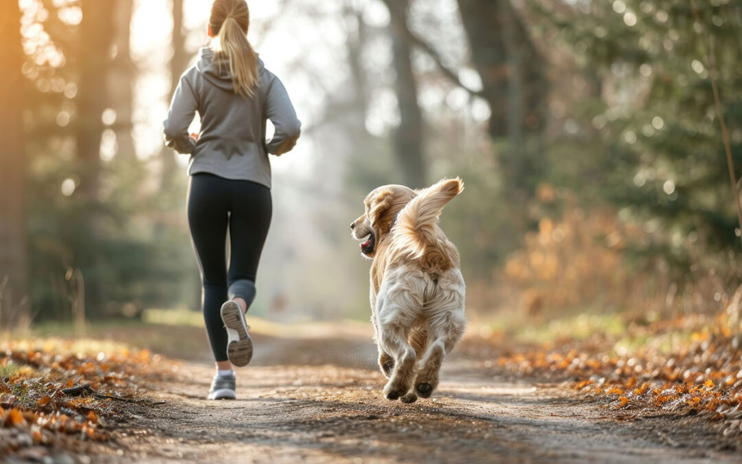Young woman jogging with her golden retriever dog in autumn forest