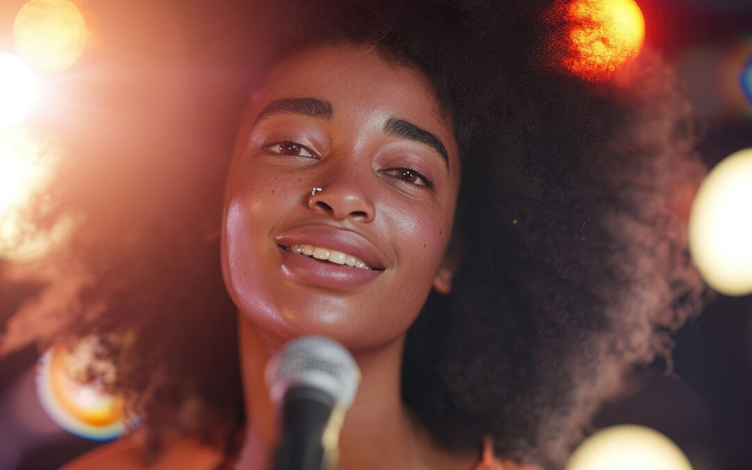 A woman with a nose ring is singing into a microphone