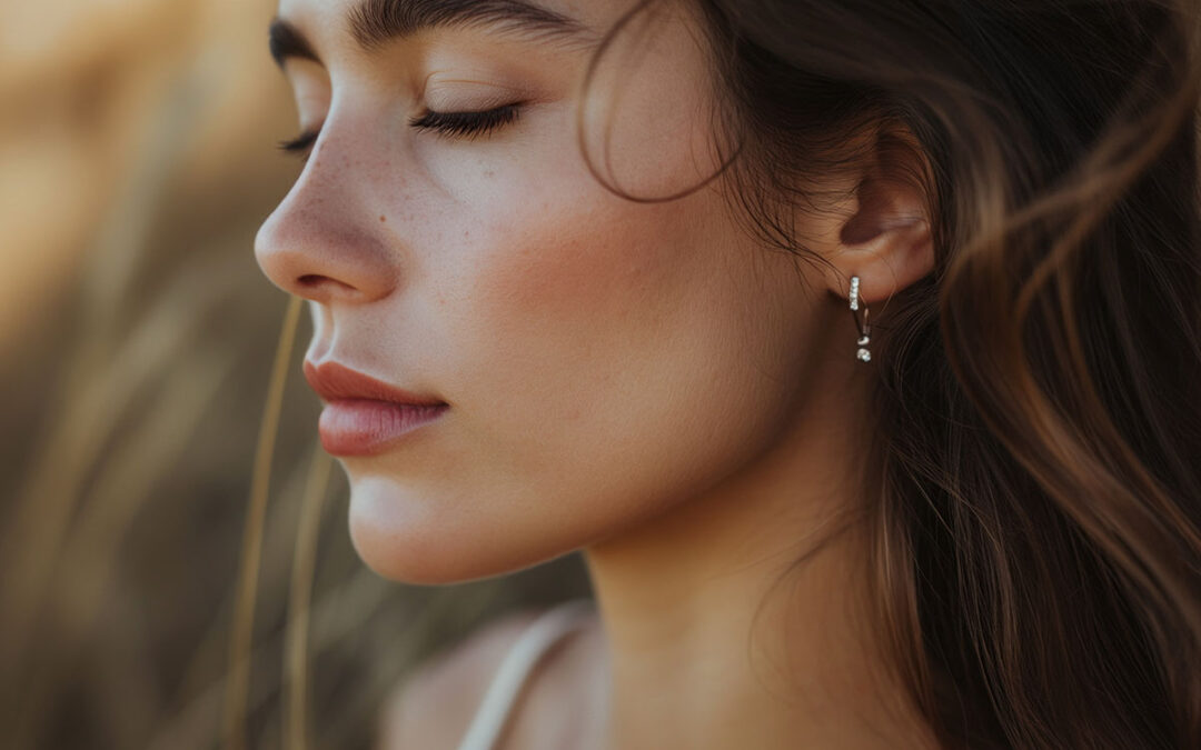 Delicate silver earrings adorn a woman ears, adding a touch of elegance