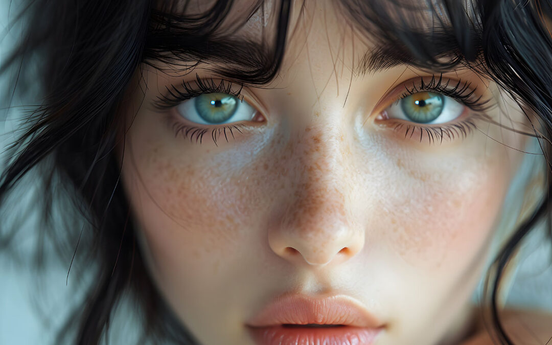 Woman with black hair and green eyes close up portrait